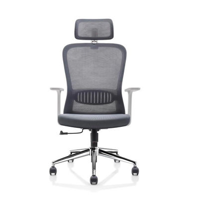 Silla de oficina de malla gris y blanco con ajuste de altura, función giratoria y reposacabezas ajustable