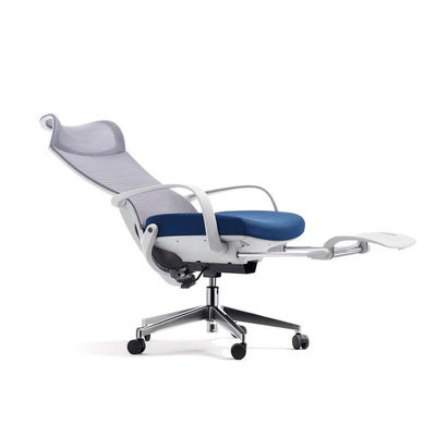 Silla de oficina gris y azul de malla con reposacabezas fijo y ángulo de inclinación de 160° para oficina en casa
