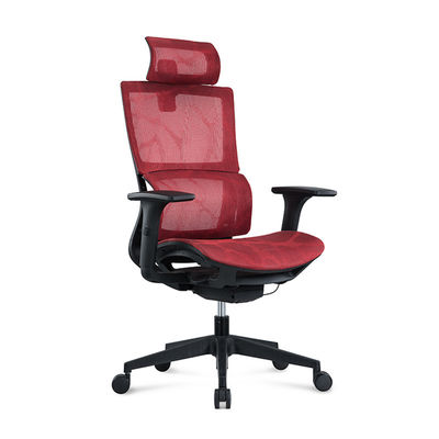 Silla de oficina de malla con cuerpo de nailon rojo con reposabrazos de elevación 3D, superficie de reposabrazos de PU y reposacabezas ajustable